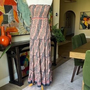 Free People Smocked Strapless Tiered Maxi Dress in Pink and Blue